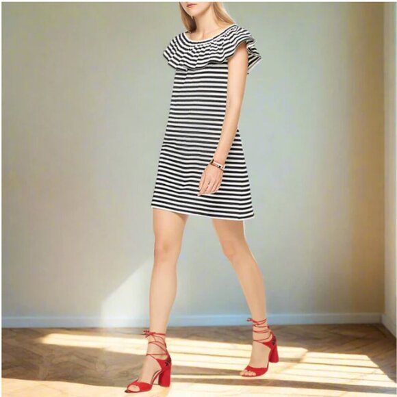 Kate Spade Mini Dress Off Shoulder Black Stripe Shift Cotton A-Line Ruffle - Picture 1 of 9